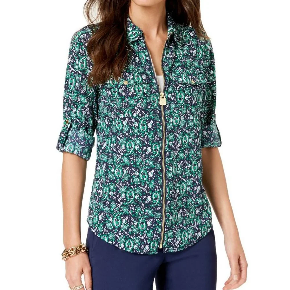 MICHAEL Michael Kors Women's Petite Printed Floral Front-Zip Shirt/Top US LP - Picture 3 of 17